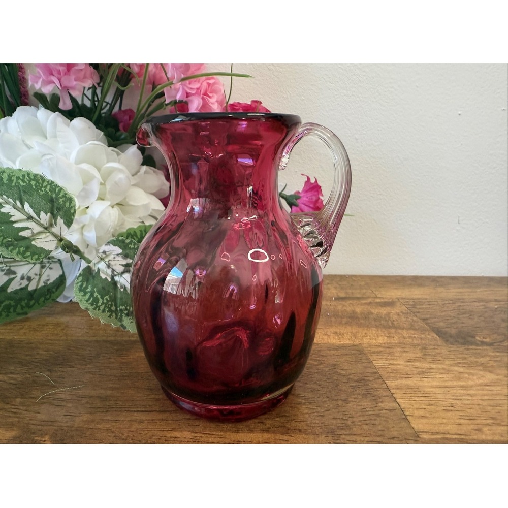 Vintage Cranberry Glass Pitcher with Clear Applied Handle Handblown Vase Jug‎
